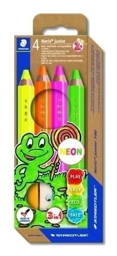 STAEDTLER NORIS JUNIOR PACK DE 4 LAPICES DE COLORES EXTRAGRUESOS + SACAPUNTAS - 3 EN 1, LAPIZ, CERA Y ACUARELABLE - COLORES SURTIDOS