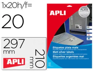 APLI PACK DE 20 ETIQUETAS 210X 297MM - ADHESIVO PERMANENTE - CANTOS RECTOS - COLOR PLATA