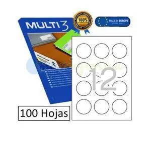 MULTI3 PACK DE 1200 ETIQUETAS REDONDAS 60MM DE DIAMETRO - 100 HOJAS X 12 ETIQUETAS - APTAS PARA IMPRIMIR LASER Y TINTA - COLOR BLANCO