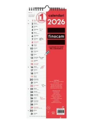 FINOCAM CALENDARIO DE PARED EN CATALAN - ANUAL 2026 - 155X5X440MM - ESPACIO PARA ESCRIBIR - COLOR BLANCO Y ROJO