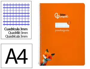 CUADERNO ESPIRAL LIDERPAPEL FOLIO PAUTAGUIA TAPA BLANDA 80H 75 GR CUADRO PAUTADO 3MM COLOR NARANJA