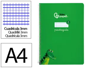 CUADERNO ESPIRAL LIDERPAPEL FOLIO PAUTAGUIA TAPA BLANDA 80H 75 GR CUADRO PAUTADO 3MM COLOR VERDE