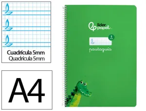 CUADERNO ESPIRAL LIDERPAPEL FOLIO PAUTAGUIA TAPA BLANDA 80H 75 GR CUADRO PAUTADO 5MM COLOR VERDE