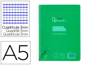 CUADERNO ESPIRAL LIDERPAPEL DIN A5 PAUTAGUIA TAPA PLASTICO 80H 90GR CUADRO PAUTADO 3 MM CON MARGEN COLOR VERDE
