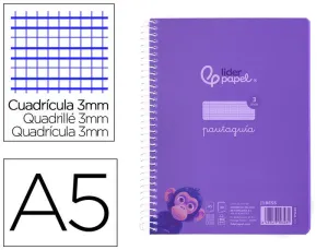CUADERNO ESPIRAL LIDERPAPEL DIN A5 PAUTAGUIA TAPA PLASTICO 80H 90GR CUADRO PAUTADO 3 MM CON MARGEN COLOR VIOLETA