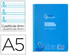 CUADERNO ESPIRAL LIDERPAPEL DIN A5 PAUTAGUIA TAPA PLASTICO 80H 90GR CUADRO PAUTADO 4MM CON MARGEN COLOR AZUL