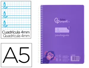 CUADERNO ESPIRAL LIDERPAPEL DIN A5 PAUTAGUIA TAPA PLASTICO 80H 90GR CUADRO PAUTADO 4 MM CON MARGEN COLOR VIOLETA