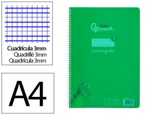 CUADERNO ESPIRAL LIDERPAPEL DIN A4 PAUTAGUIA TAPA PLASTICO80H 90GR CUADRO PAUTADO 3MM CON MARGEN COLOR VERDE