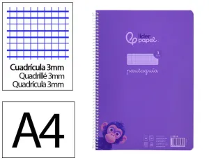 CUADERNO ESPIRAL LIDERPAPEL DIN A4 PAUTAGUIA TAPA PLASTICO80H 90GR CUADRO PAUTADO 3MM CON MARGEN COLOR VIOLETA