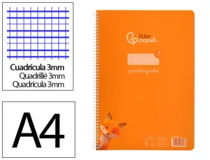 CUADERNO ESPIRAL LIDERPAPEL DIN A4 PAUTAGUIA TAPA PLASTICO80H 90GR CUADRO PAUTADO 3MM CON MARGEN COLOR NARANJA