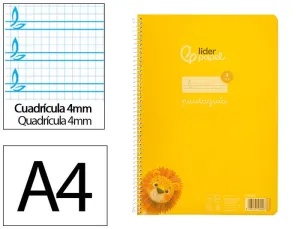 CUADERNO ESPIRAL LIDERPAPEL DIN A4 PAUTAGUIA TAPA PLASTICO80H 90GR CUADRO PAUTADO 4MM CON MARGEN COLOR AMARILLO