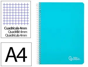 CUADERNO ESPIRAL LIDERPAPEL DIN A4 WITTY TAPA DURA 80H 90GR CUADRO 4MM CON MARGEN COLOR CELESTE