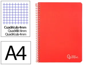 CUADERNO ESPIRAL LIDERPAPEL DIN A4 WITTY TAPA DURA 80H 90GR CUADRO 4MM CON MARGEN COLOR ROJO