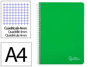 CUADERNO ESPIRAL LIDERPAPEL DIN A4 WITTY TAPA DURA 80H 90GR CUADRO 4MM CON MARGEN COLOR VERDE