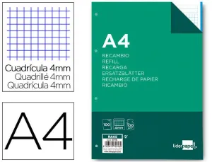 LIDERPAPEL RECAMBIO LIDERPAPEL A4 100 HOJAS 100G/M2 CUADRO 4MM CON MARGEN 4 TALADROS 47116