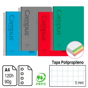 CAMPUS BLOC A4 120HOJAS TAPA POLIPROPILENO PP 90GR CUADRO 5MM PERFOR. 002768 MAK002768