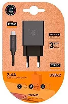 TECHONETECH CARGADOR DOBLE DE PARED + CABLE USB-A A USB-C 1M - RECUBIERTO DE NYLON TRENZADO
