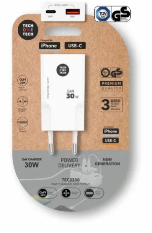 TECHONETECH CARGADOR DOBLE DE PARED ULTRARRÃ¡PIDO GAN 30W USB-C+USB-A BLANCO