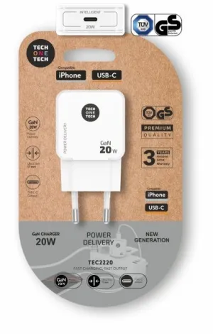 TECHONETECH CARGADOR DE PARED ULTRARRÃ¡PIDO GAN 20W USB-C BLANCO