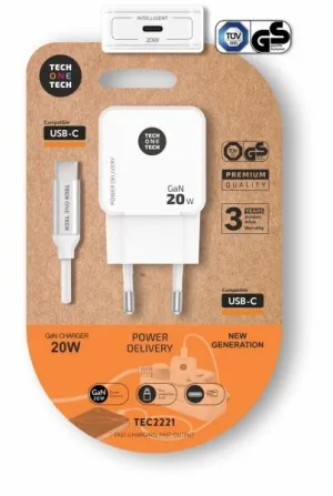 TECHONETECH CARGADOR DE PARED ULTRARRÃ¡PIDO GAN 20W BLANCO + CABLE USB-C