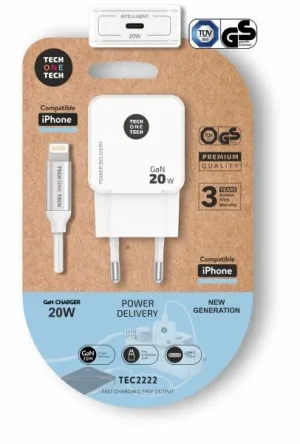 TECHONETECH CARGADOR DE PARED ULTRARRÃ¡PIDO GAN 20W BLANCO + CABLE APPLE