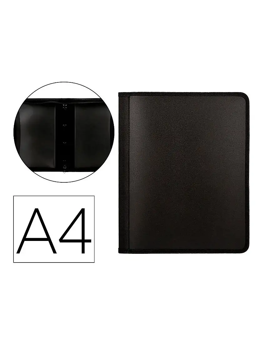 Carpeta Liderpapel 4 Anillas 25 Mm Polipropileno Cierre Cremallera 4 Bolsillos Interiores Con Ribete Color Negro