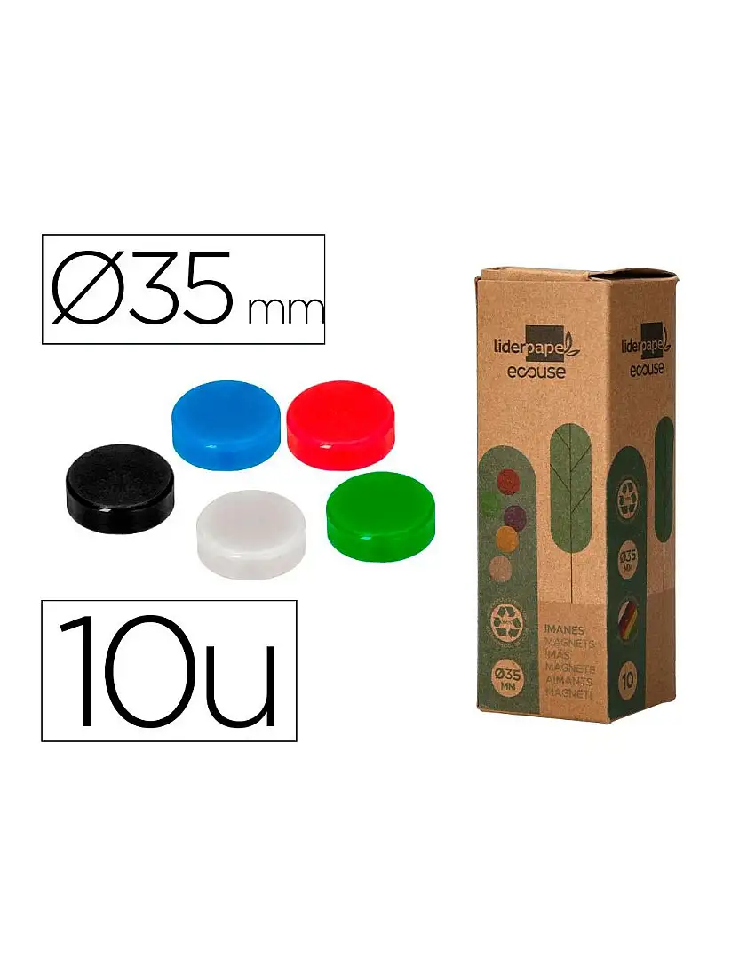 Iman Para Sujecion Liderpapel Ecouse Pp Reciclado Para Pizarra Magnetica 35 Mm Caja De 10 Unidades